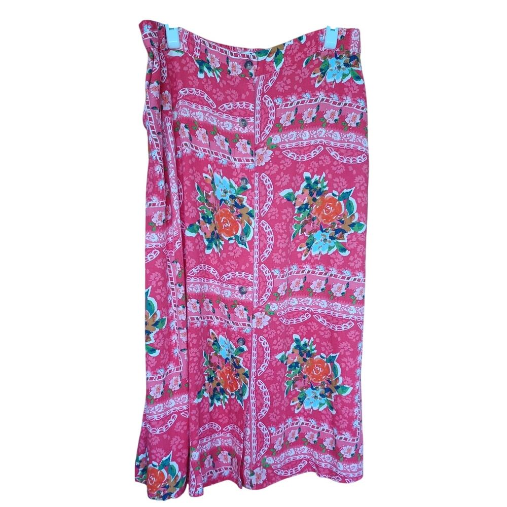 Lauren Conrad Red Floral Midi Skirt Linen Blend Women's 14 Elastic Waist Fairy